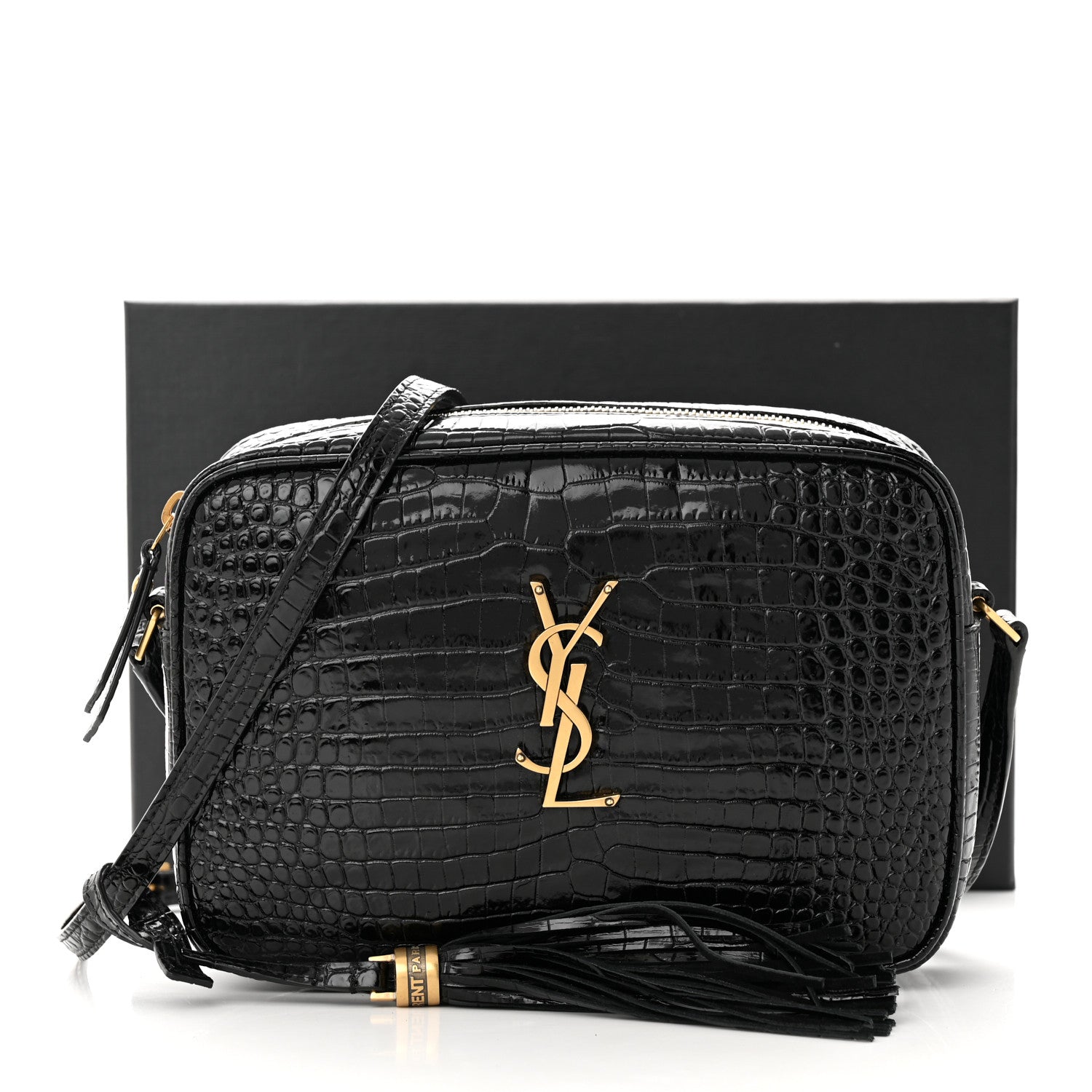 Saint Laurent Patent Calfskin Crocodile Embossed Monogram Lou Camera Bag Black 11 of 11