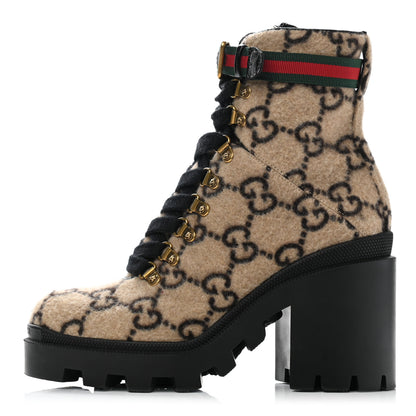 Gucci Covered Wool GG Monogram Womens Lace Up Combat Ankle Boots 38 Beige Ebony Black 1 of 7
