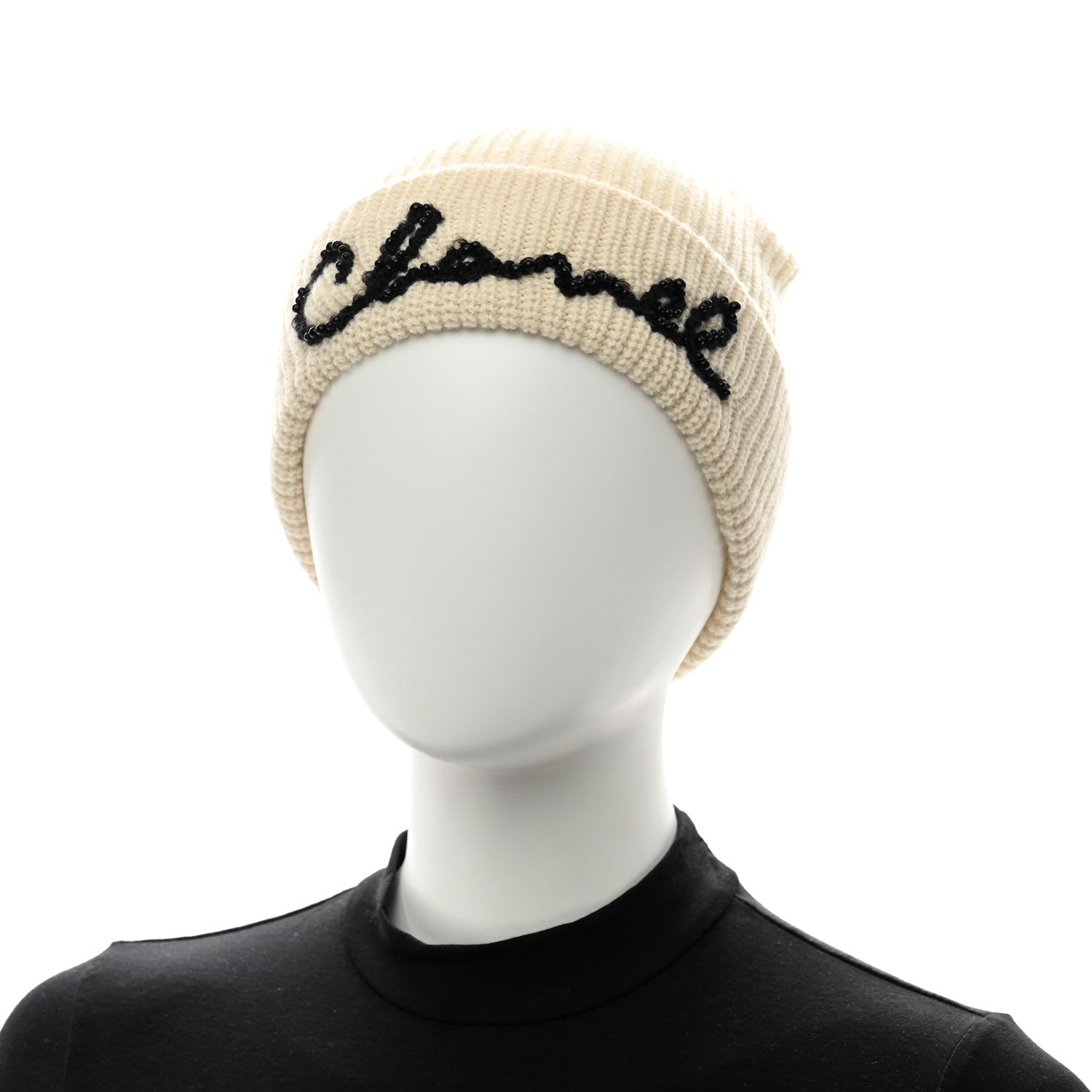 Chanel Cashmere Logo Beanie Hat Ivory Black 2 of 5