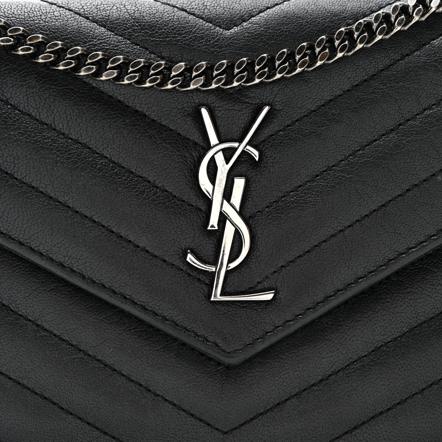 Saint Laurent Calfskin Matelasse Chevron Monogram Envelope Chain Wallet Black 9 of 11
