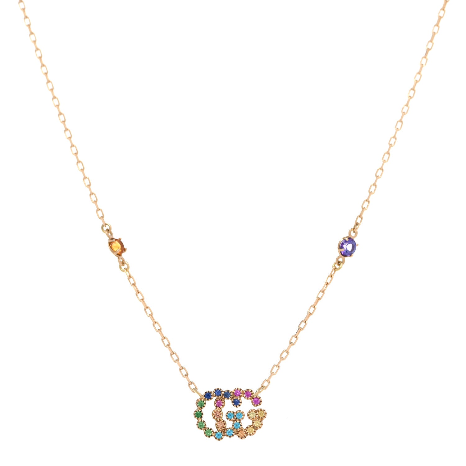 Gucci 18K Yellow Gold Citrine Tsavorite Blue Topaz Amethyst GG Running Pendant Necklace 1 of 6