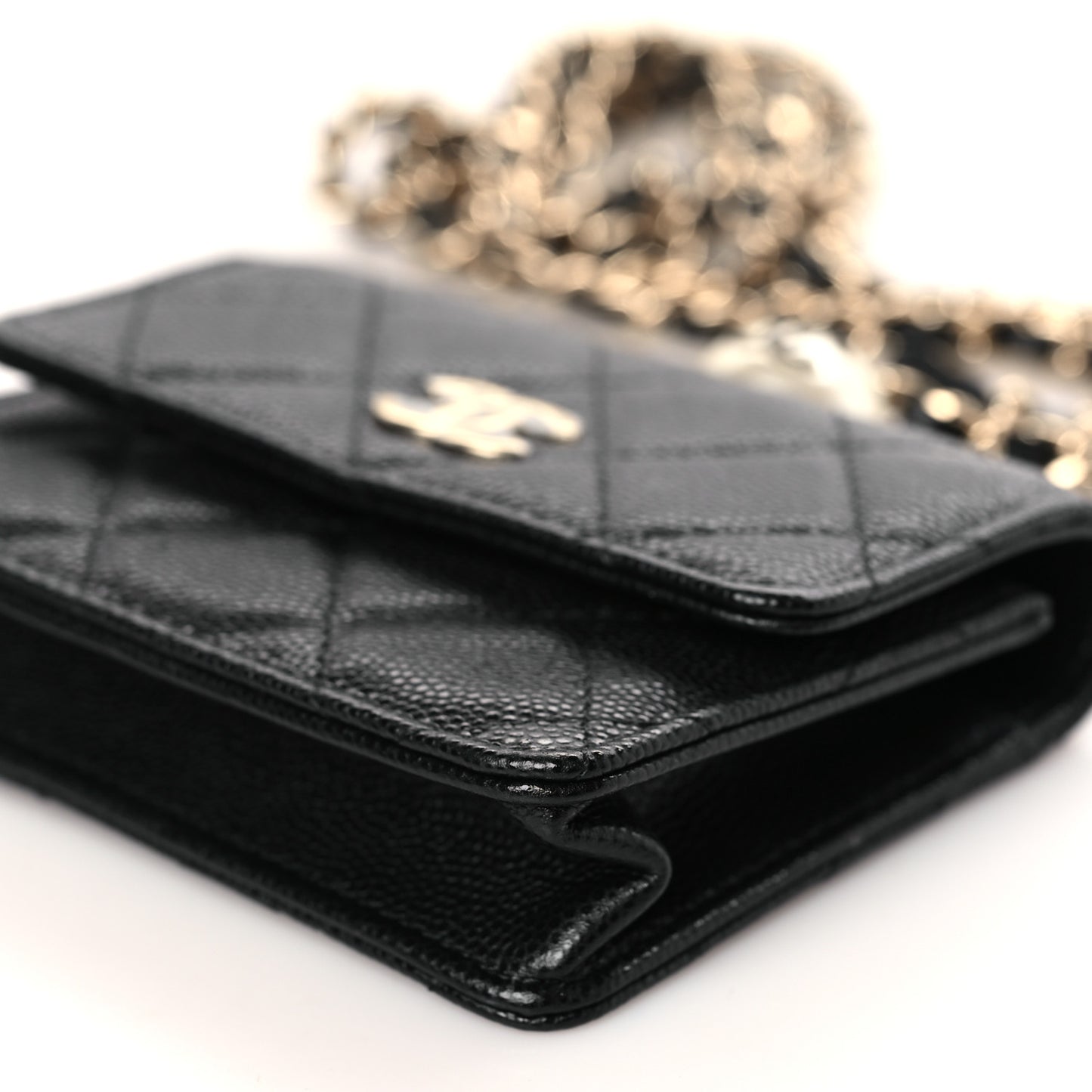 Caviar Quilted Mini Pearl On Top Coin Purse With Chain Black