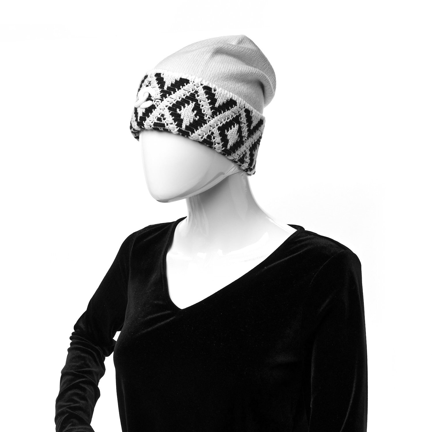 Chanel Cashmere Blend CC Beanie Hat With Gloves Set White Navy Blue 2 of 5