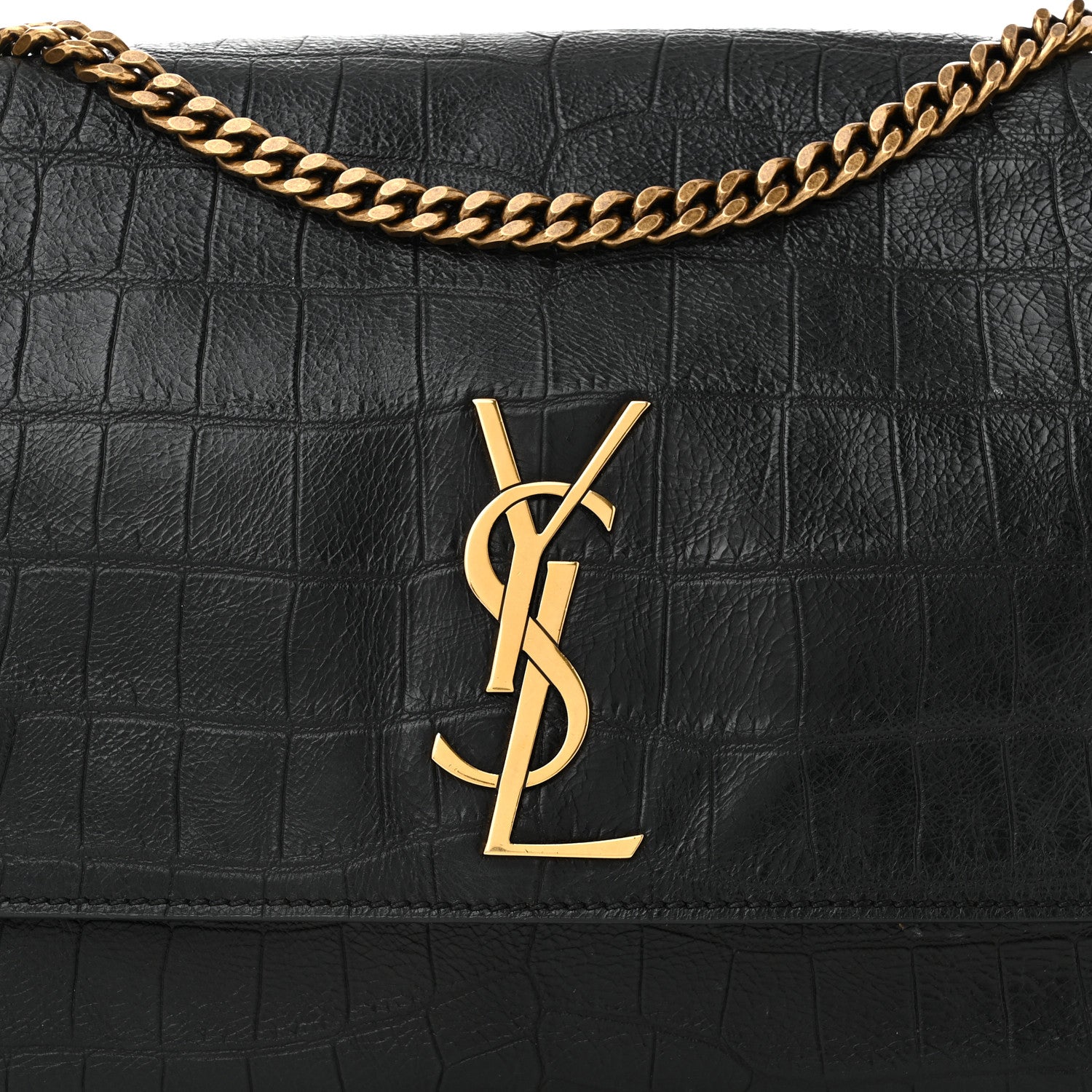 Saint Laurent Calfskin Crocodile Embossed Suede Medium Reversible Monogram Kate Satchel Military Taupe 8 of 10