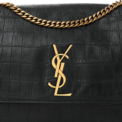 Saint Laurent Calfskin Crocodile Embossed Suede Medium Reversible Monogram Kate Satchel Military Taupe 8 of 10