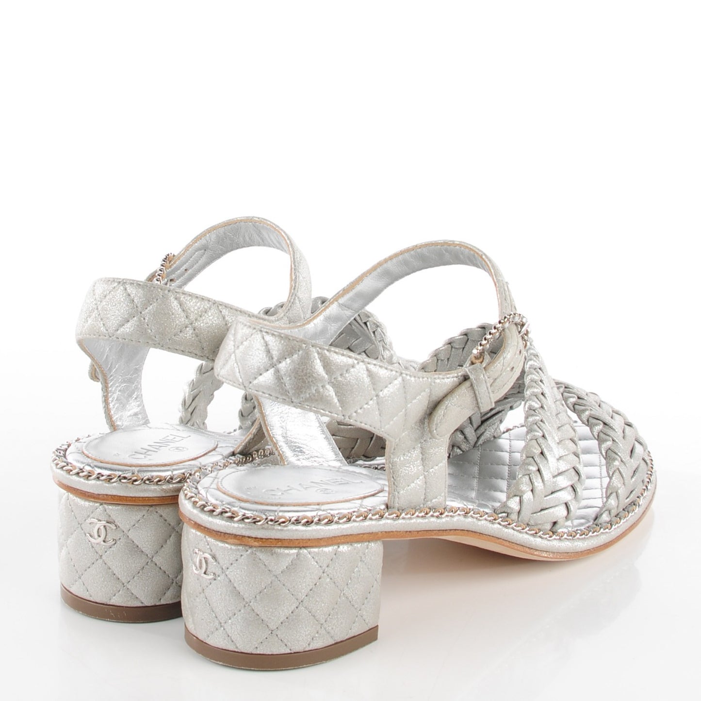 Metallic Goatskin Quilted Chain Sandals 39 Silver