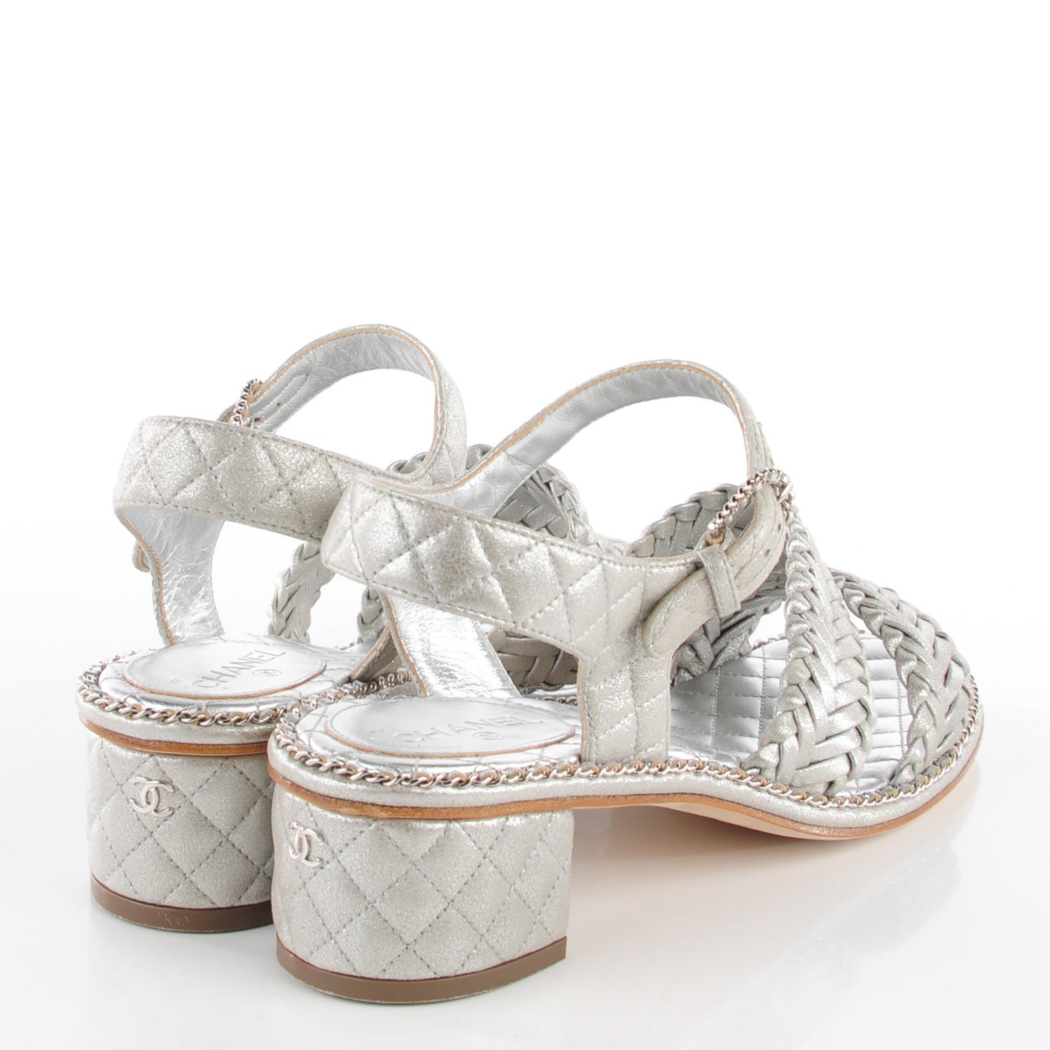 Chanel Metallic Goatskin Quilted Chain Sandals 39 Silver 4 of 7