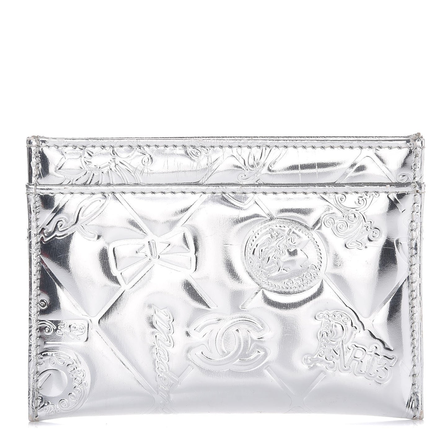 Patent Calfskin Lucky Symbols Card Holder Case Silver