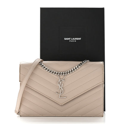 Saint Laurent Grain De Poudre Matelasse Chevron Monogram Envelope Chain Wallet Dark Beige 16 of 16