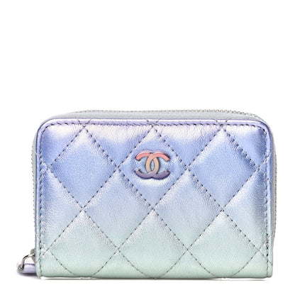 Chanel Gradient Metallic Calfskin Quilted Zip Around Coin Purse Wallet Silver Blue Yellow Purple 1 of 12