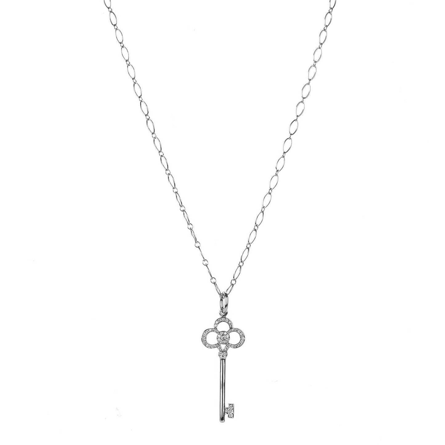 18K White Gold Diamond Crown Key Pendant Necklace