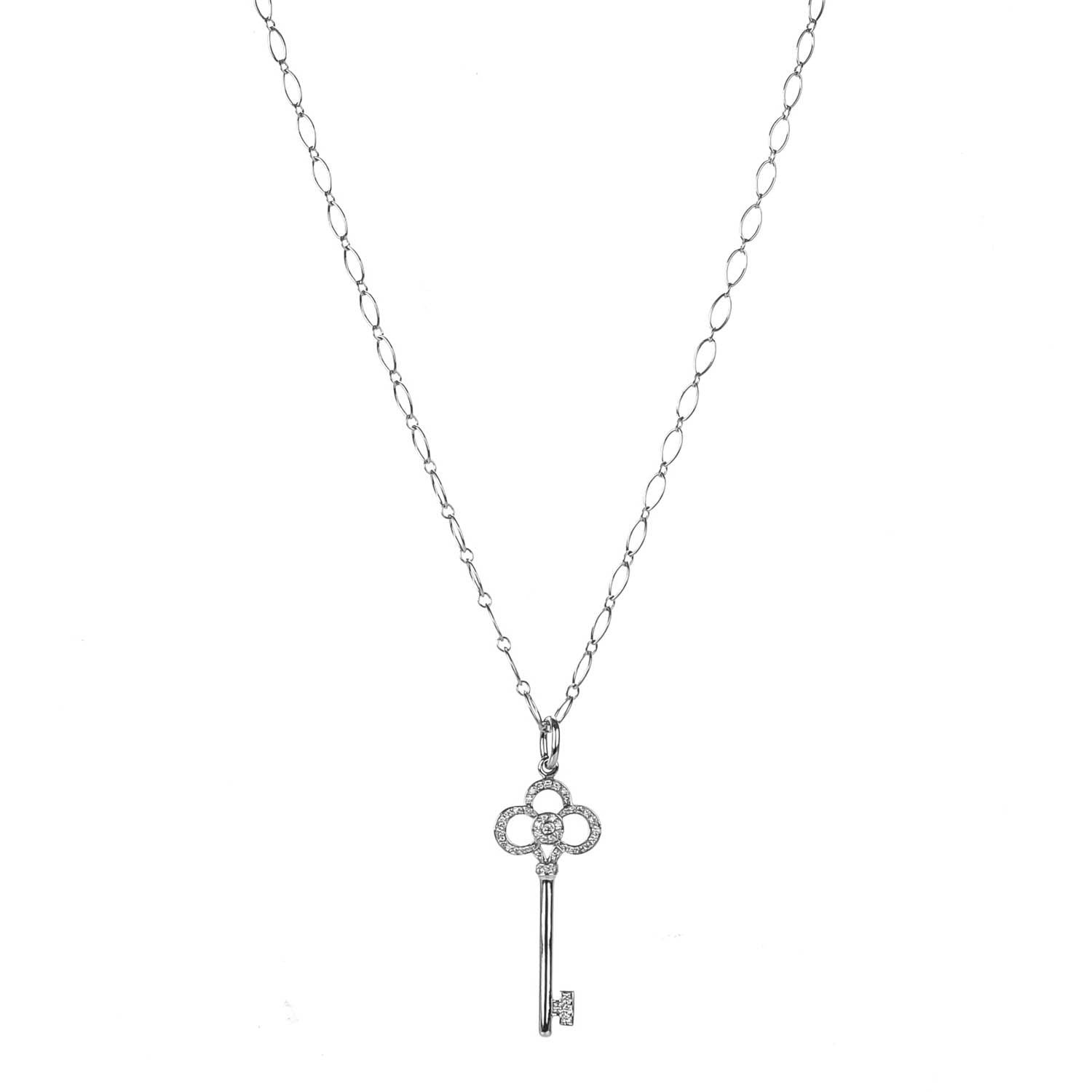 Tiffany 18K White Gold Diamond Crown Key Pendant Necklace 1 of 7