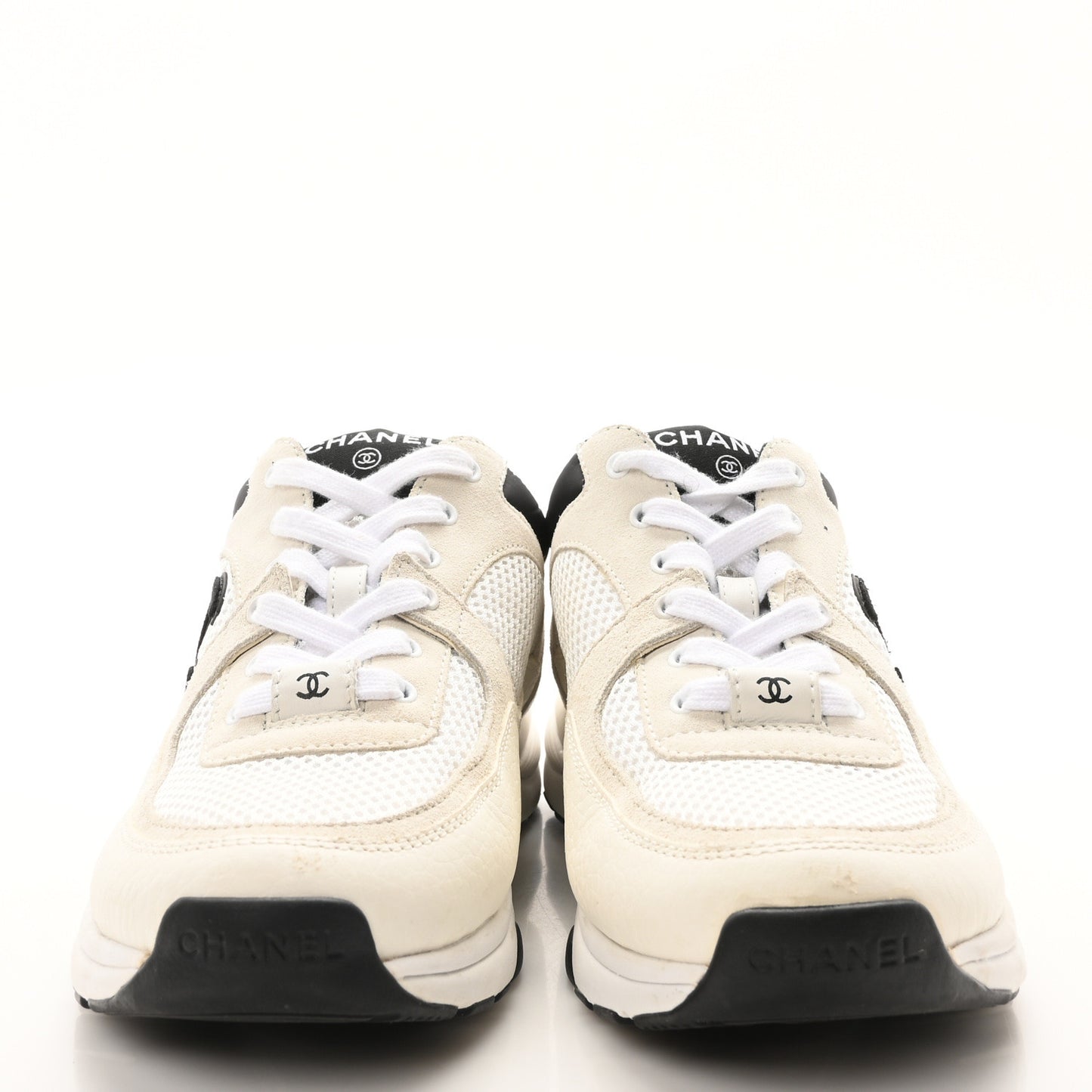 Mesh Suede Grained Calfskin Womens CC Sneakers 37.5 White Black