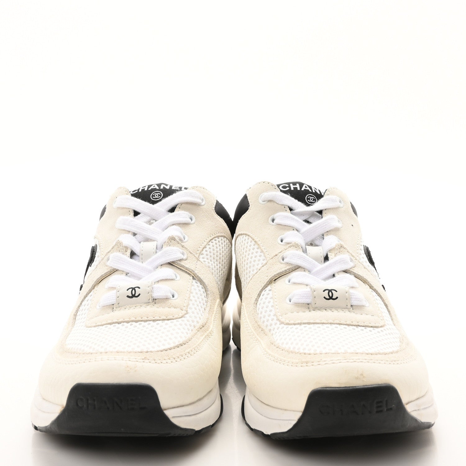 Chanel Mesh Suede Grained Calfskin Womens CC Sneakers 37.5 White Black 3 of 9