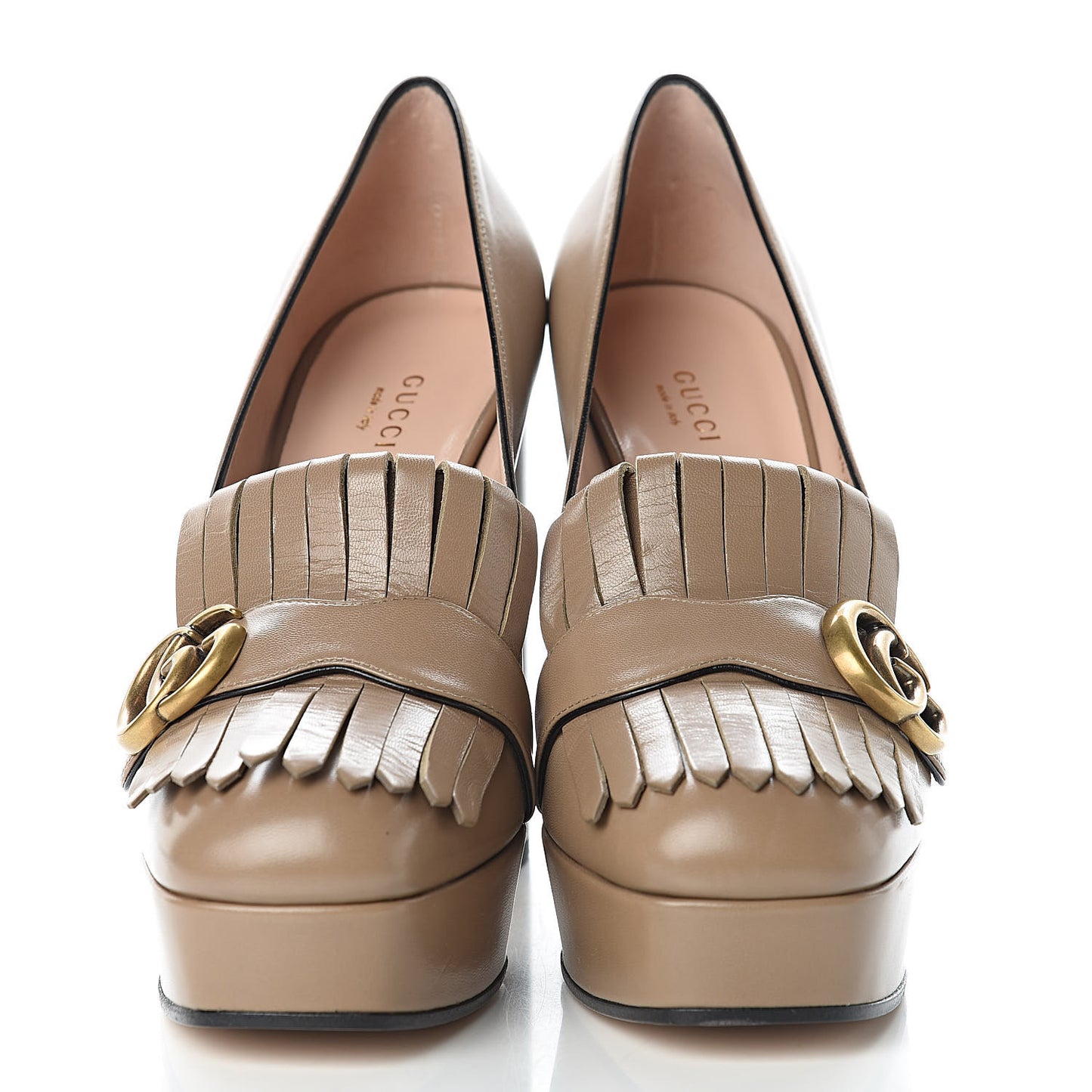 Malaga Kid GG Marmont Fringe Platform High Heel Loafer Pumps 39 Taupe