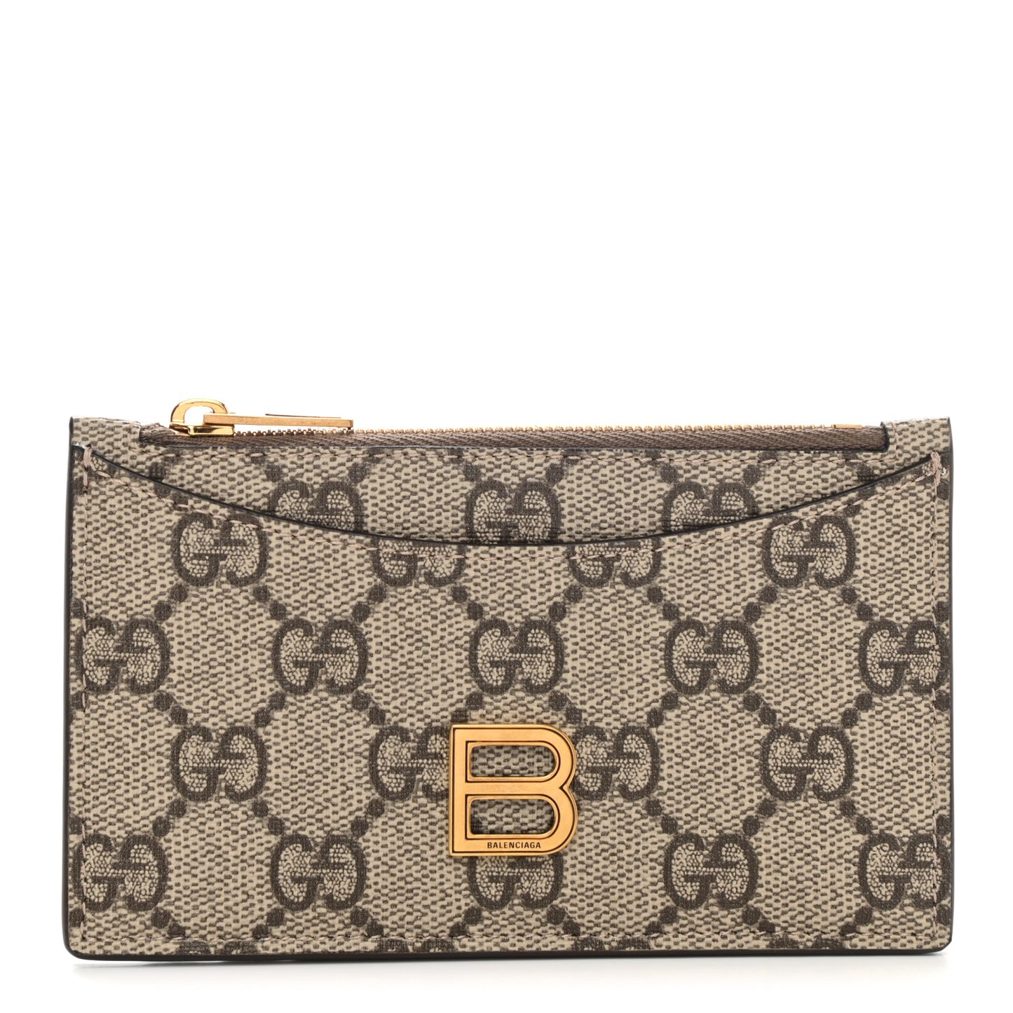 X BALENCIAGA GG Supreme Monogram Zip Card Case Beige Ebony
