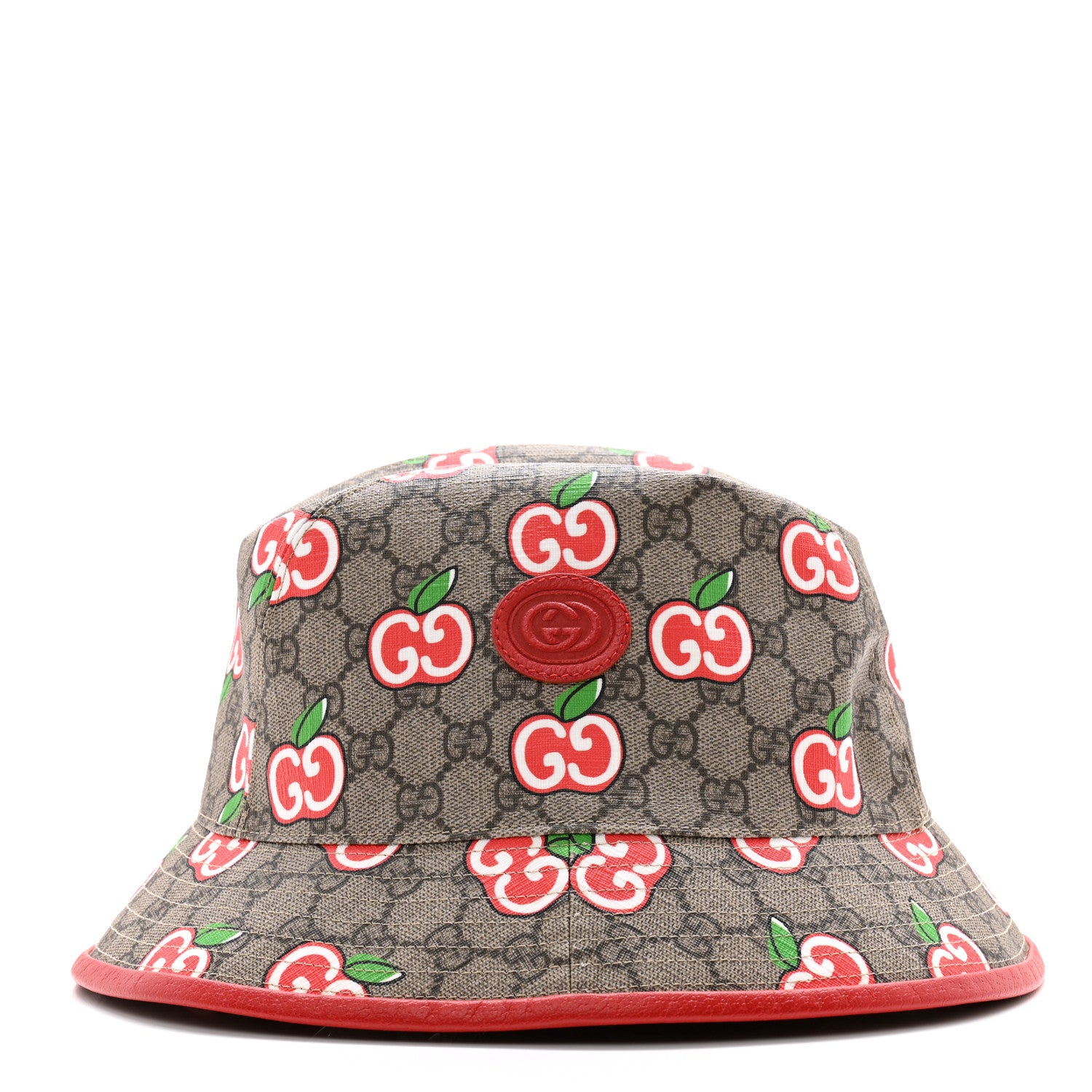 Gucci GG Supreme Monogram Apple Textured Dollar Calfskin Retro Interlocking G Fedora Pomme Bucket Hat L Beige Ebony Red 4 of 12