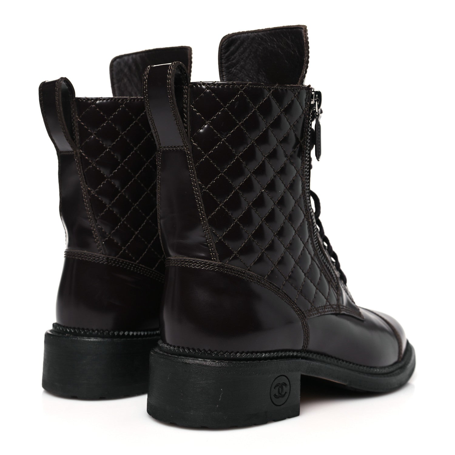 Chanel Shiny Calfskin Quilted CC Lace Up Combat Boots 38 Dark Burgundy 5 of 10