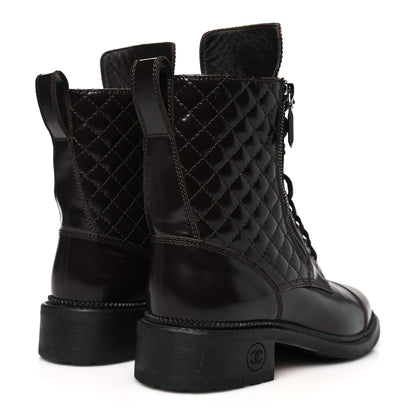 Chanel Shiny Calfskin Quilted CC Lace Up Combat Boots 38 Dark Burgundy 5 of 10