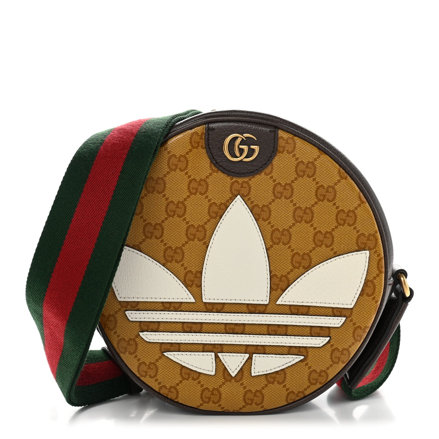 Gucci X ADIDAS Crystal Vintage Monogram Textured Dollar Calfskin Web Trefoil Small Ophidia Round Shoulder Bag Mid Natural Nut Off White New Acero 1 of 11