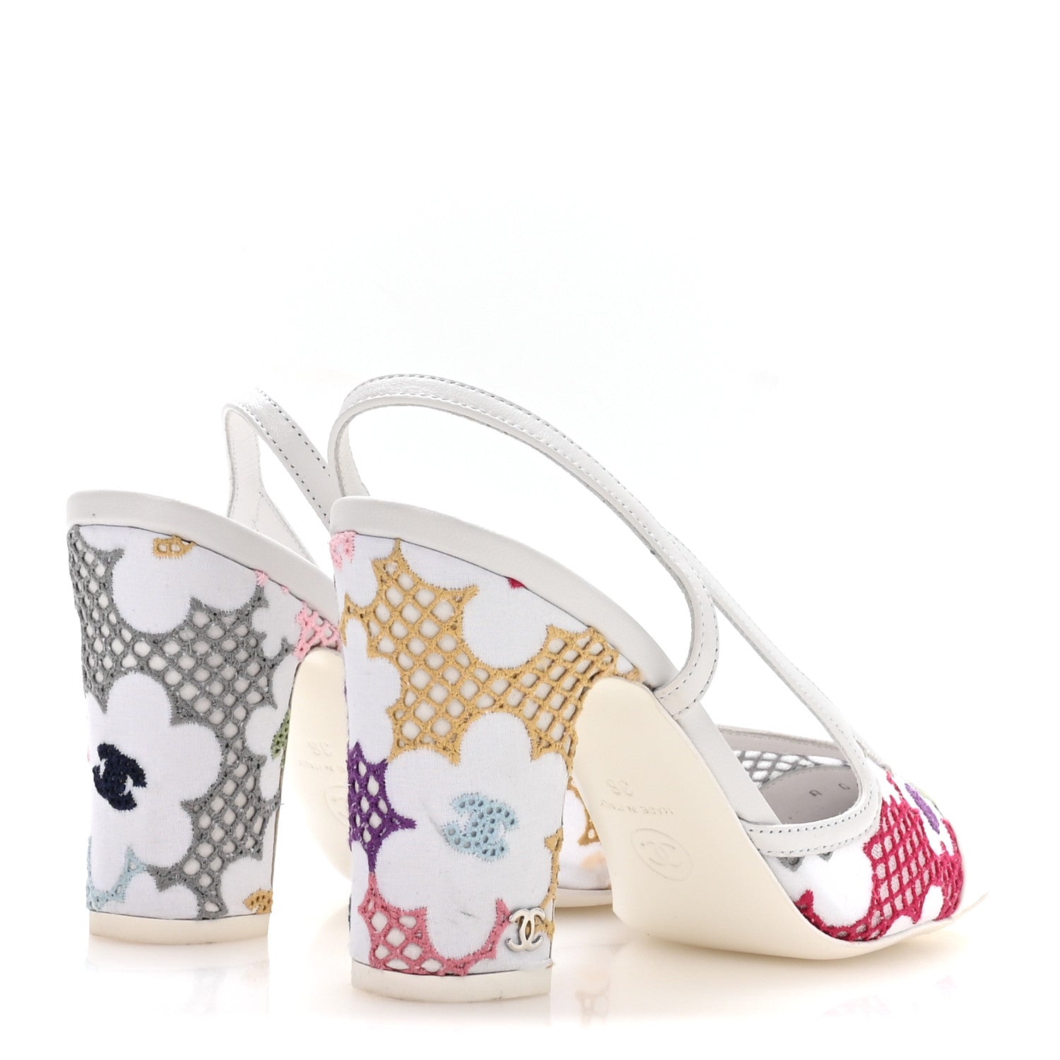 Chanel Cotton Guipure Patent Embroidered Floral Cap Toe CC Slingback Pumps 36 White Multicolor 10 of 16