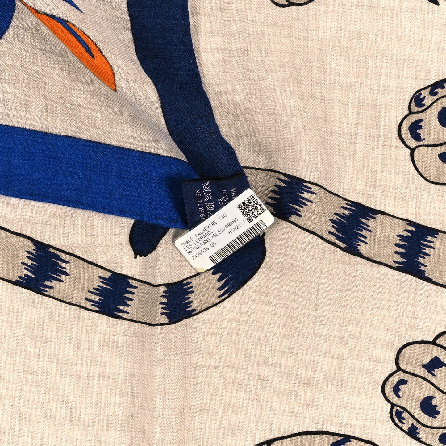 Cashmere Silk Les Leopards Shawl 140 Naturel Bleu Orange
