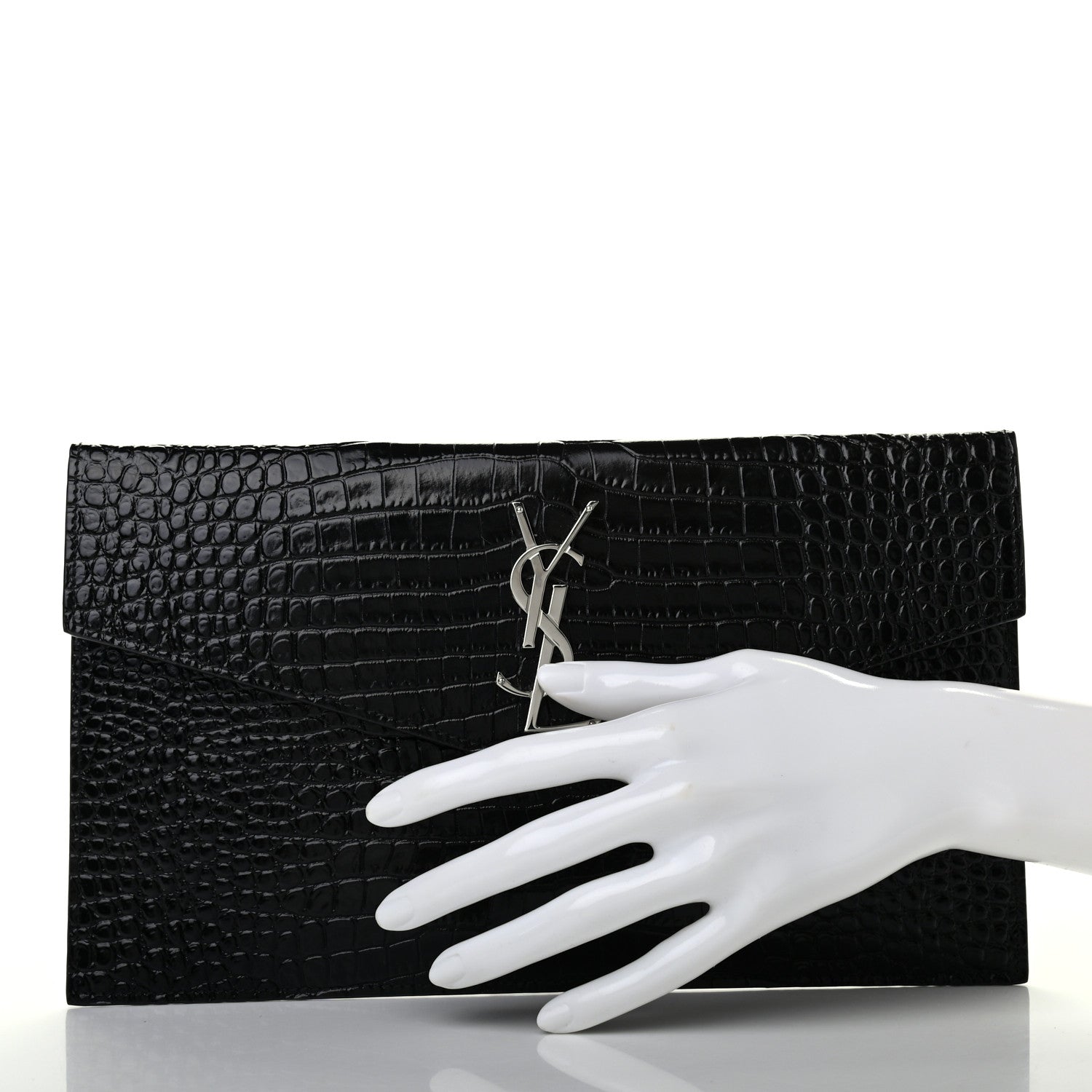 Saint Laurent Calfskin Crocodile Embossed Uptown Monogram Pouch Black 2 of 7