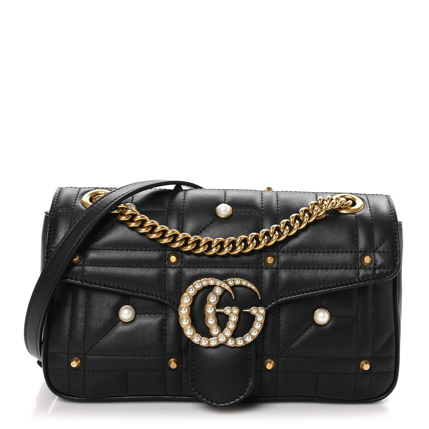Gucci Calfskin Matelasse Studded Small Pearly GG Marmont Shoulder Bag Black 1 of 11