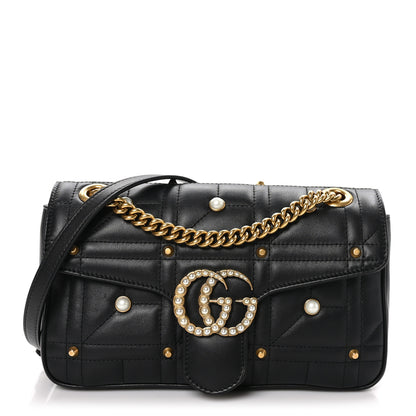 Gucci Calfskin Matelasse Studded Small Pearly GG Marmont Shoulder Bag Black 1 of 11