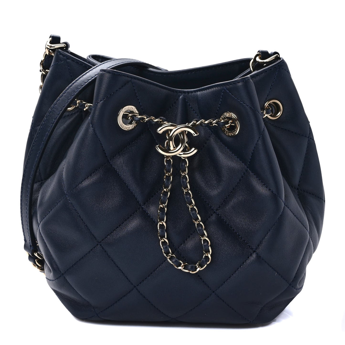 Lambskin Quilted CC Dweller Drawstring Bucket Bag Navy