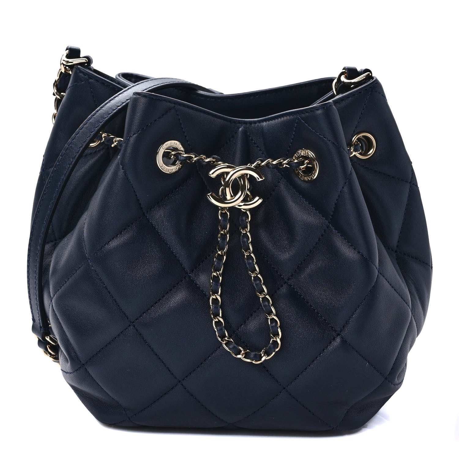 Chanel Lambskin Quilted CC Dweller Drawstring Bucket Bag Navy 1 of 9
