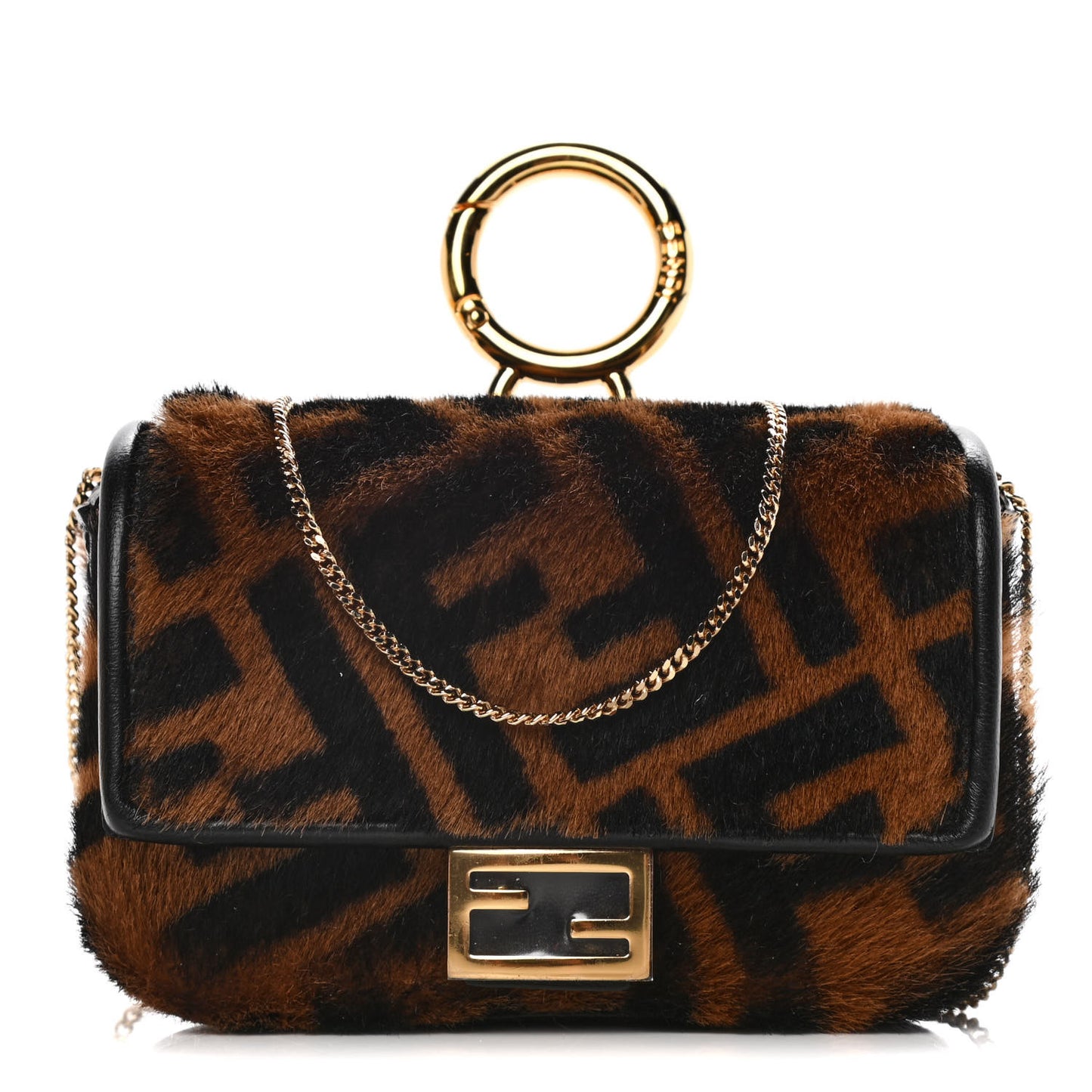Sheared Sheepskin Vitello King FF Nano Baguette Charm Tobacco Moro Black
