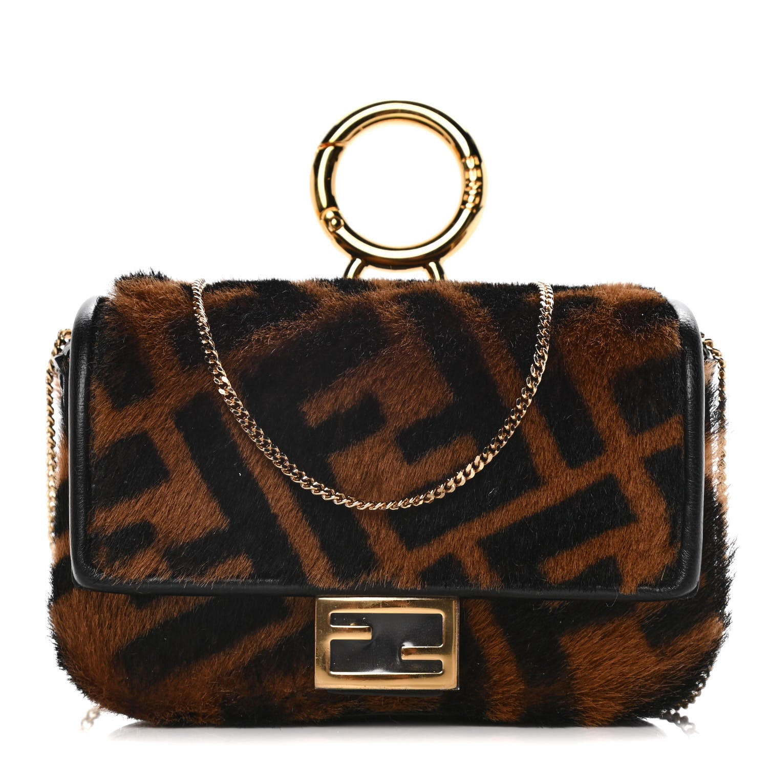 Fendi Sheared Sheepskin Vitello King FF Nano Baguette Charm Tobacco Moro Black 1 of 12