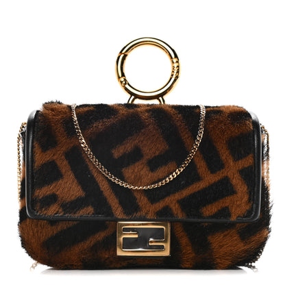 Fendi Sheared Sheepskin Vitello King FF Nano Baguette Charm Tobacco Moro Black 1 of 12