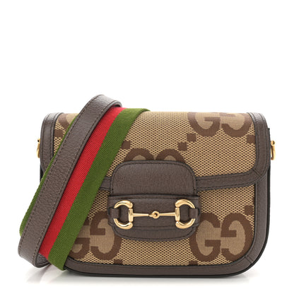 Gucci Monogram Jumbo GG Textured Dollar Calfskin Web Mini Horsebit 1955 Shoulder Bag Camel Ebony New Acero 1 of 12