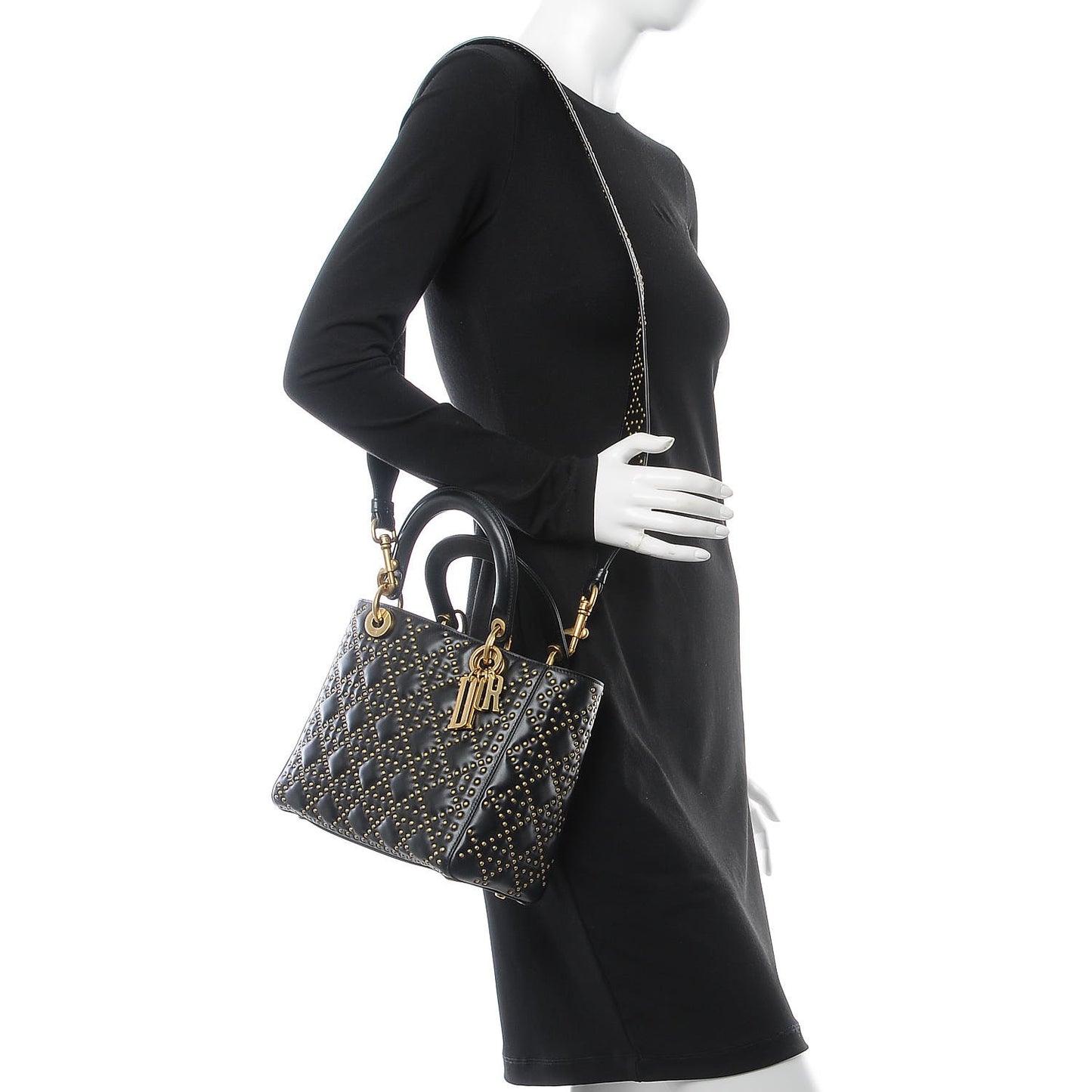 Calfskin Cannage Studded Medium Supple Lady Dior Black
