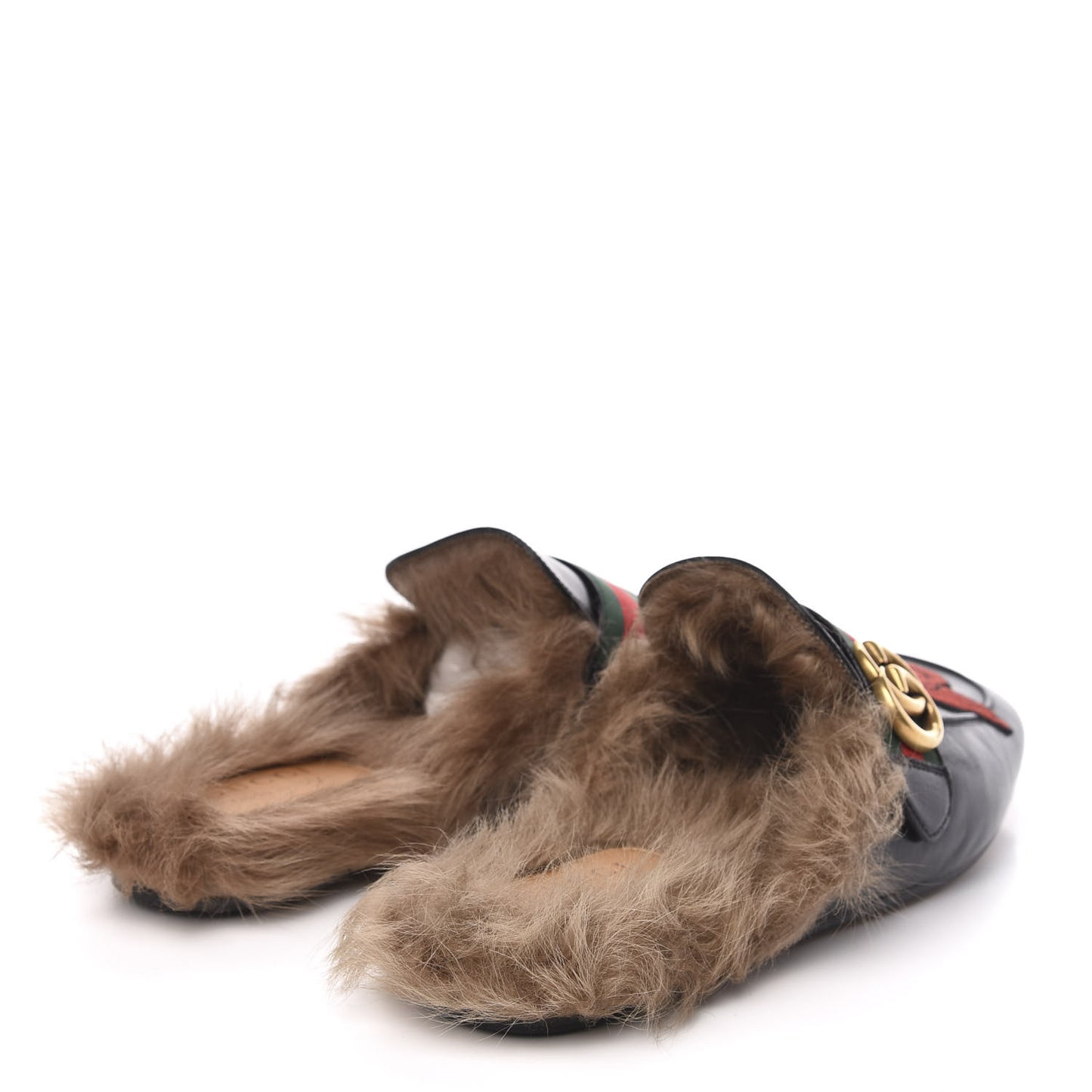 Goatskin Fur Web GG Skull Embroidered Mens Princetown Slippers 8 Black