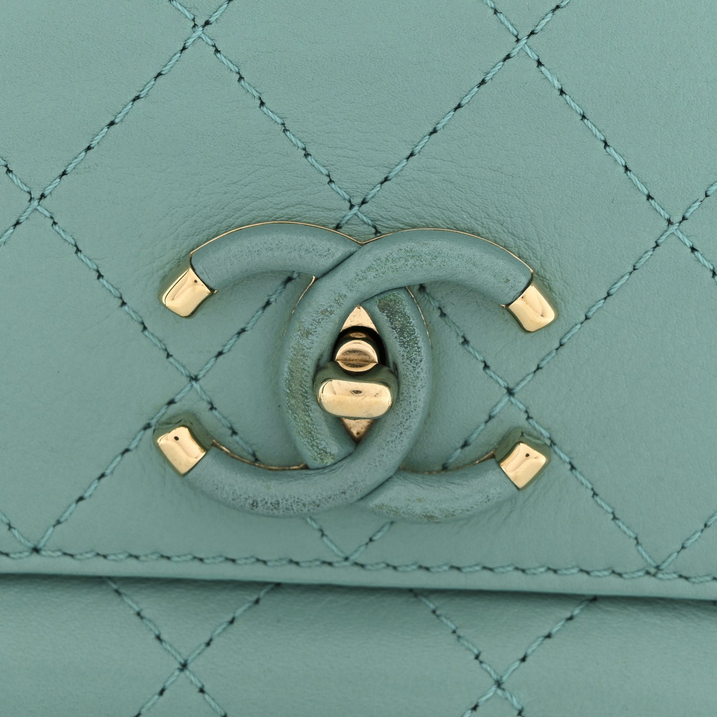 Calfskin Stitched Small Covered CC Flap Bag Green