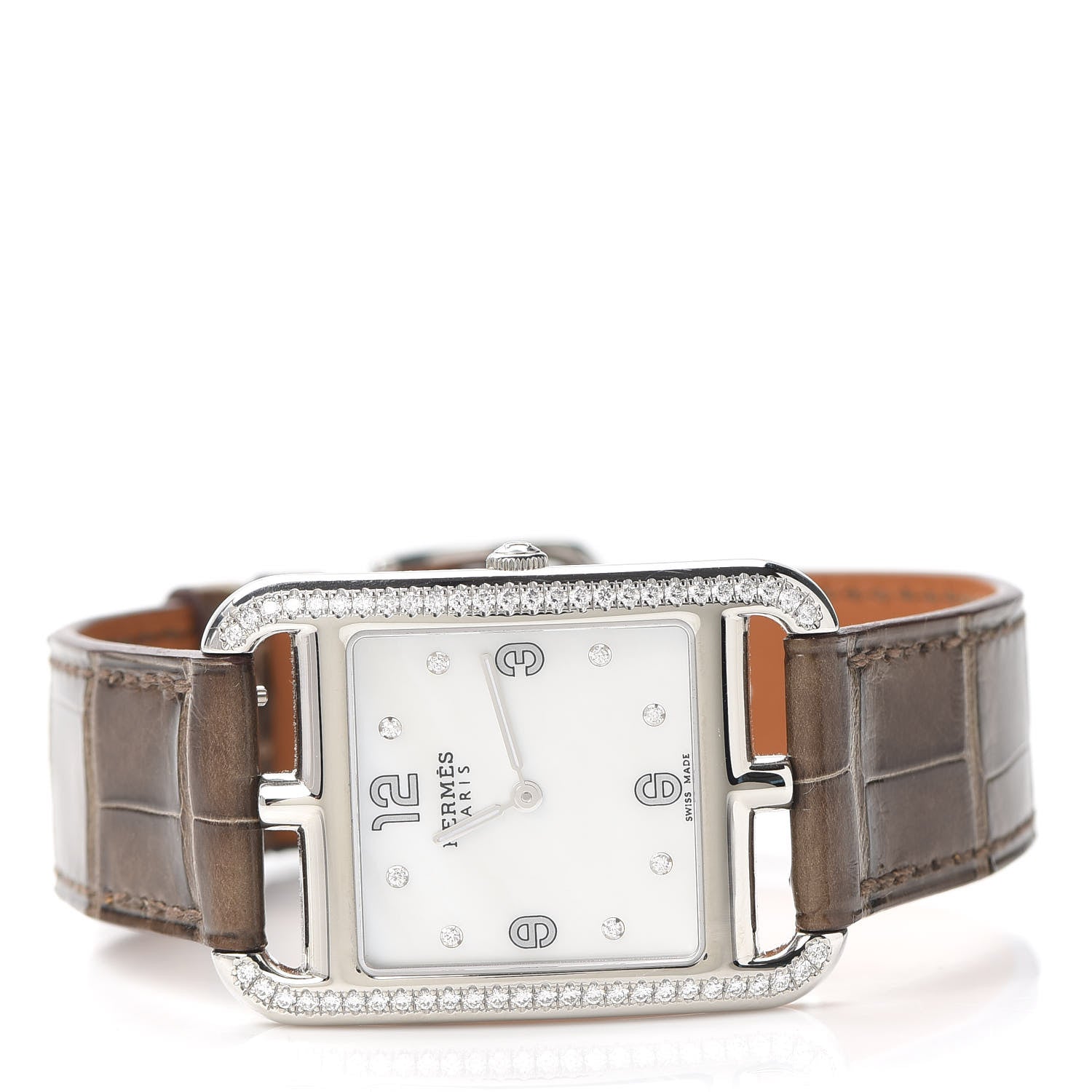 Hermes Stainless Steel Alligator Diamond Bezel Mother of Pearl 29mm Cape Cod Quartz Watch Etoupe 2 of 5
