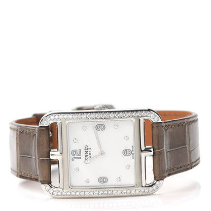 Hermes Stainless Steel Alligator Diamond Bezel Mother of Pearl 29mm Cape Cod Quartz Watch Etoupe 2 of 5