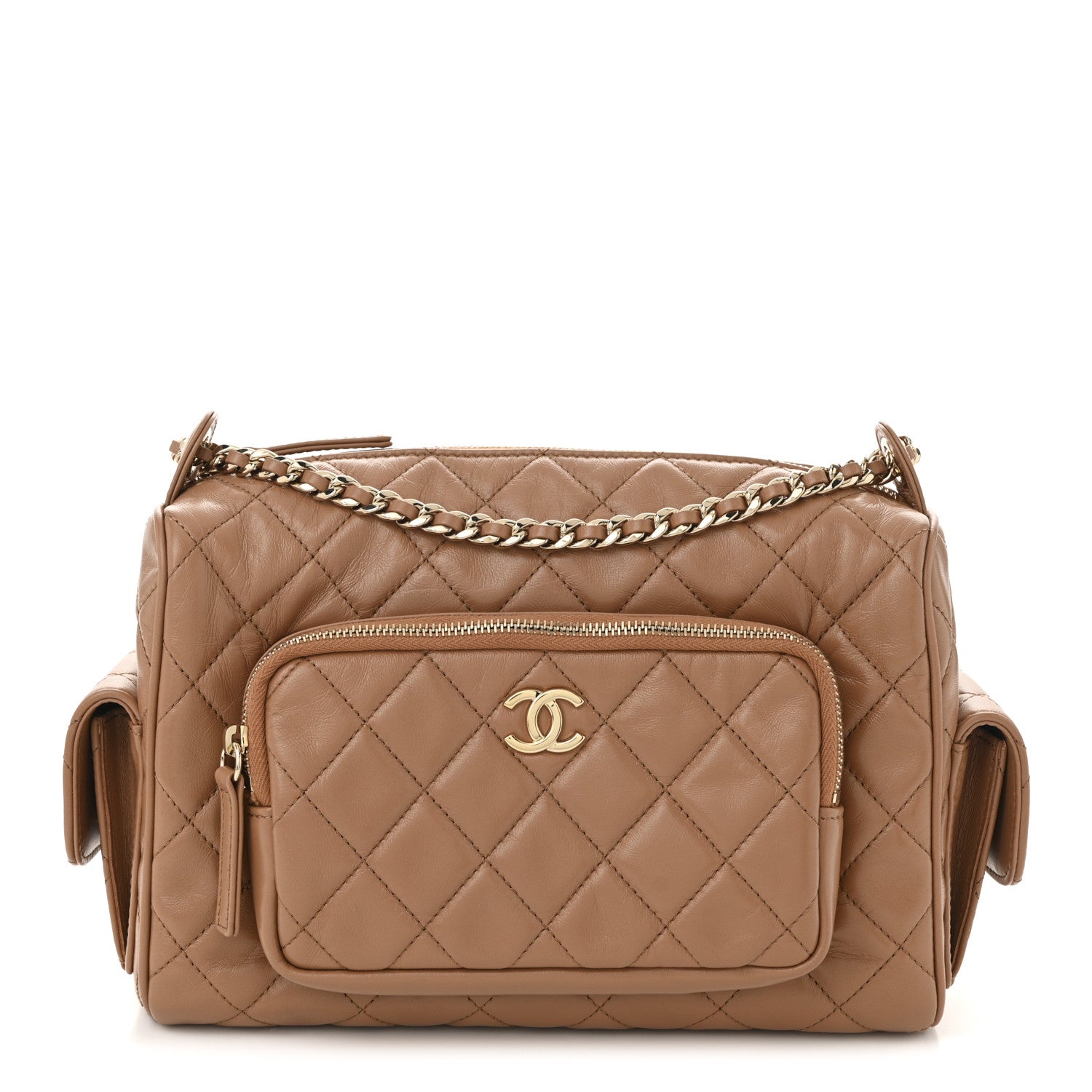 Chanel Shiny Crumpled Lambskin Quilted Medium Preppy Pocket Camera Case Brown 1 of 10