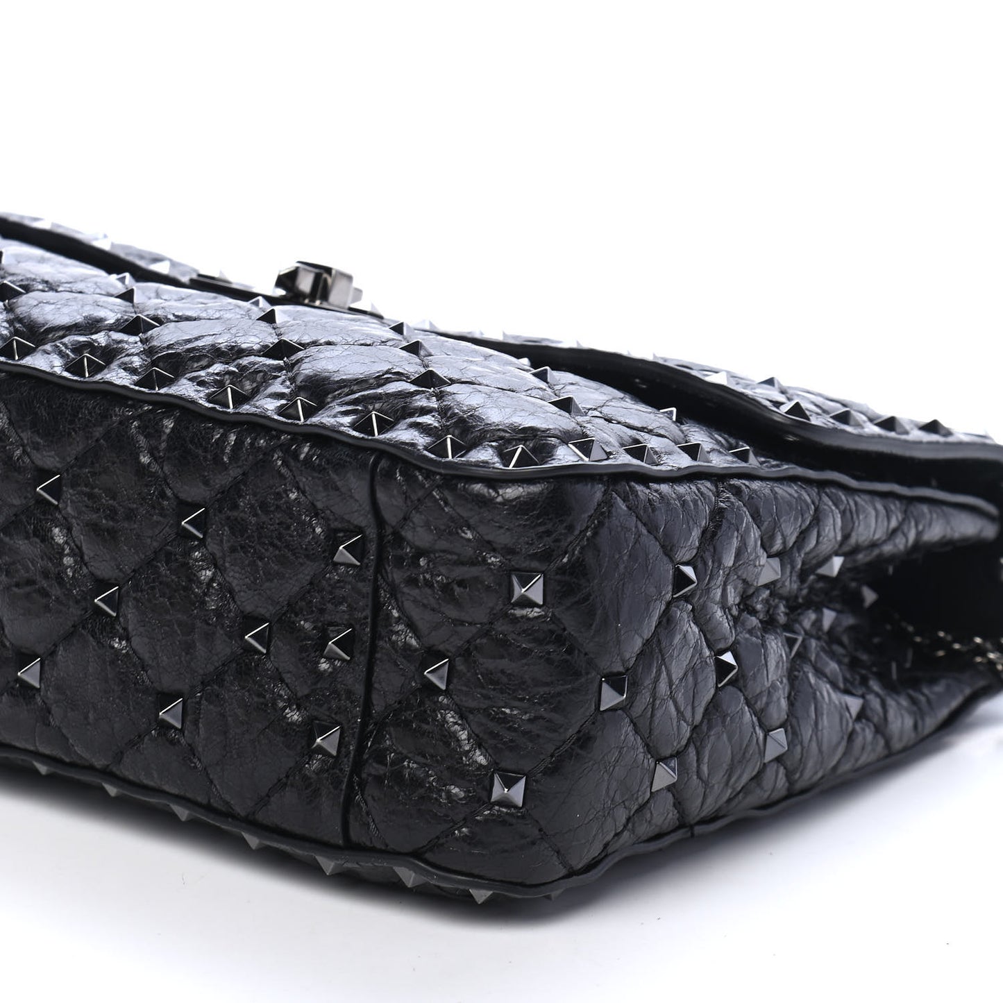 Craquele Nappa Medium Rockstud Spike Shoulder Bag Black