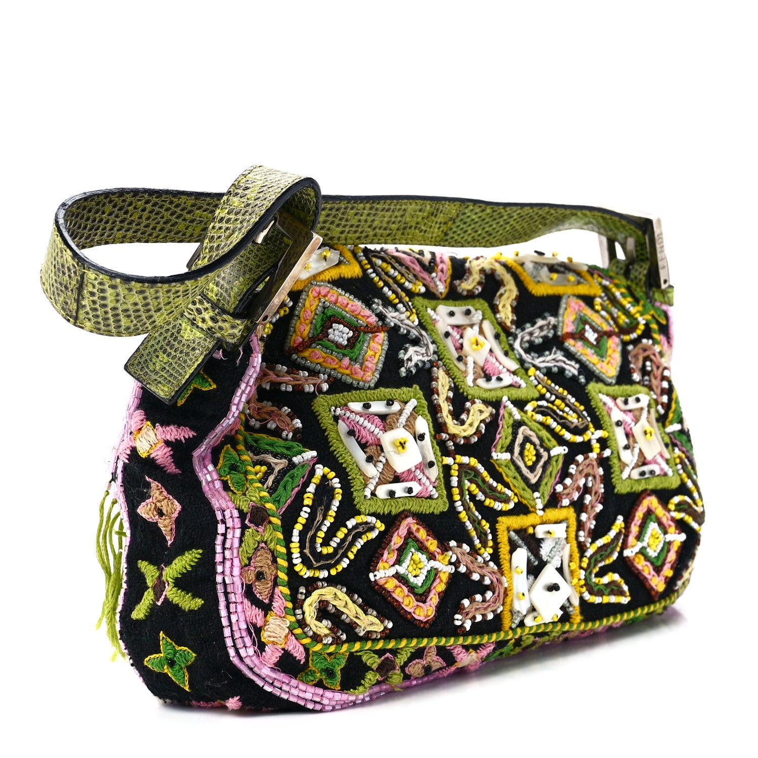 Fendi Satin Lizard Beaded Baguette Black Multicolor 3 of 11
