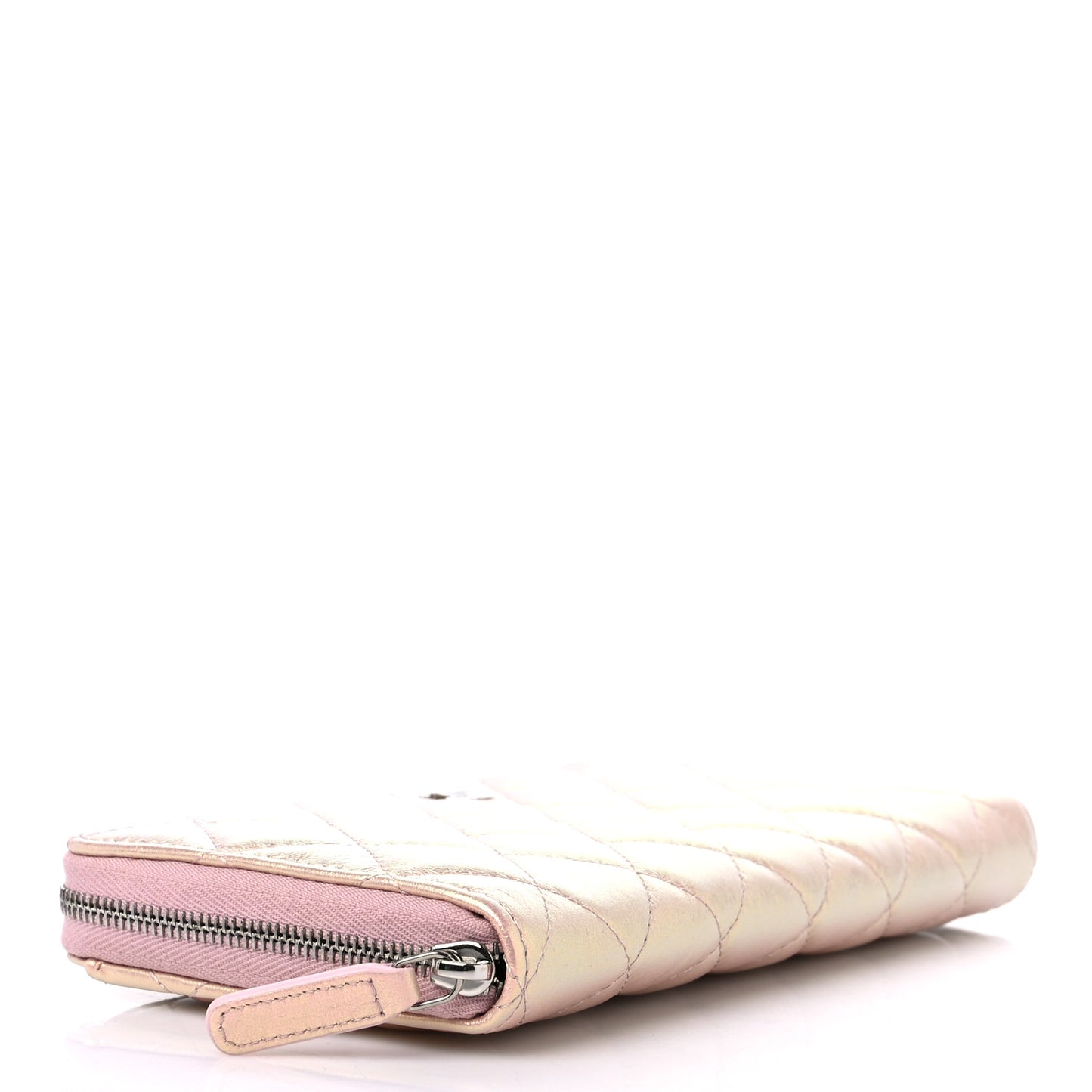 Iridescent Lambskin Quilted Large Gusset Zip Around Wallet Pink