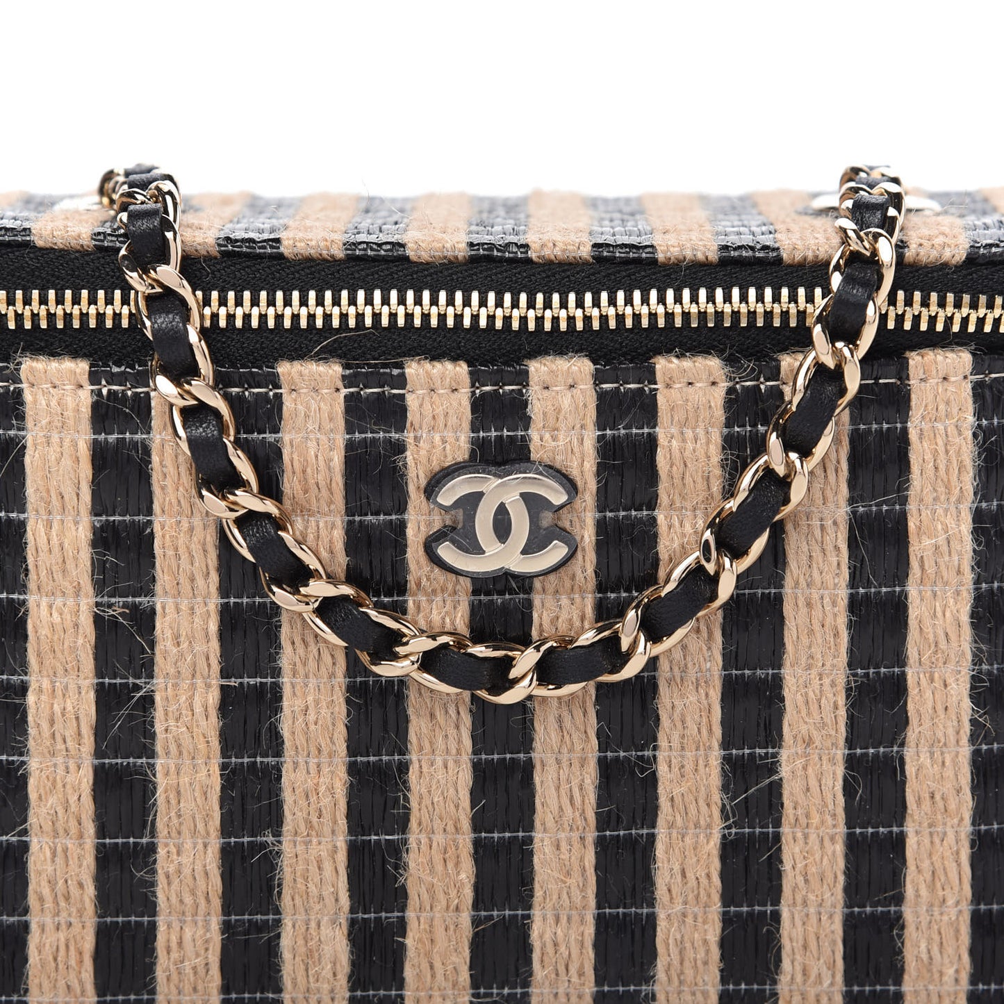 Raffia Jute Striped Small Vanity Case With Chain Black Beige