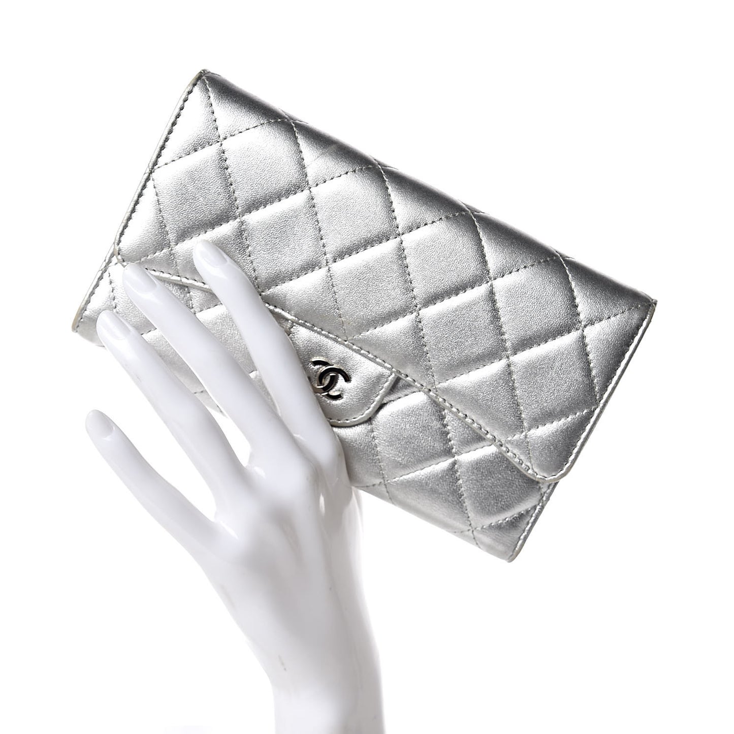 Metallic Lambskin Quilted Long Flap Wallet Silver