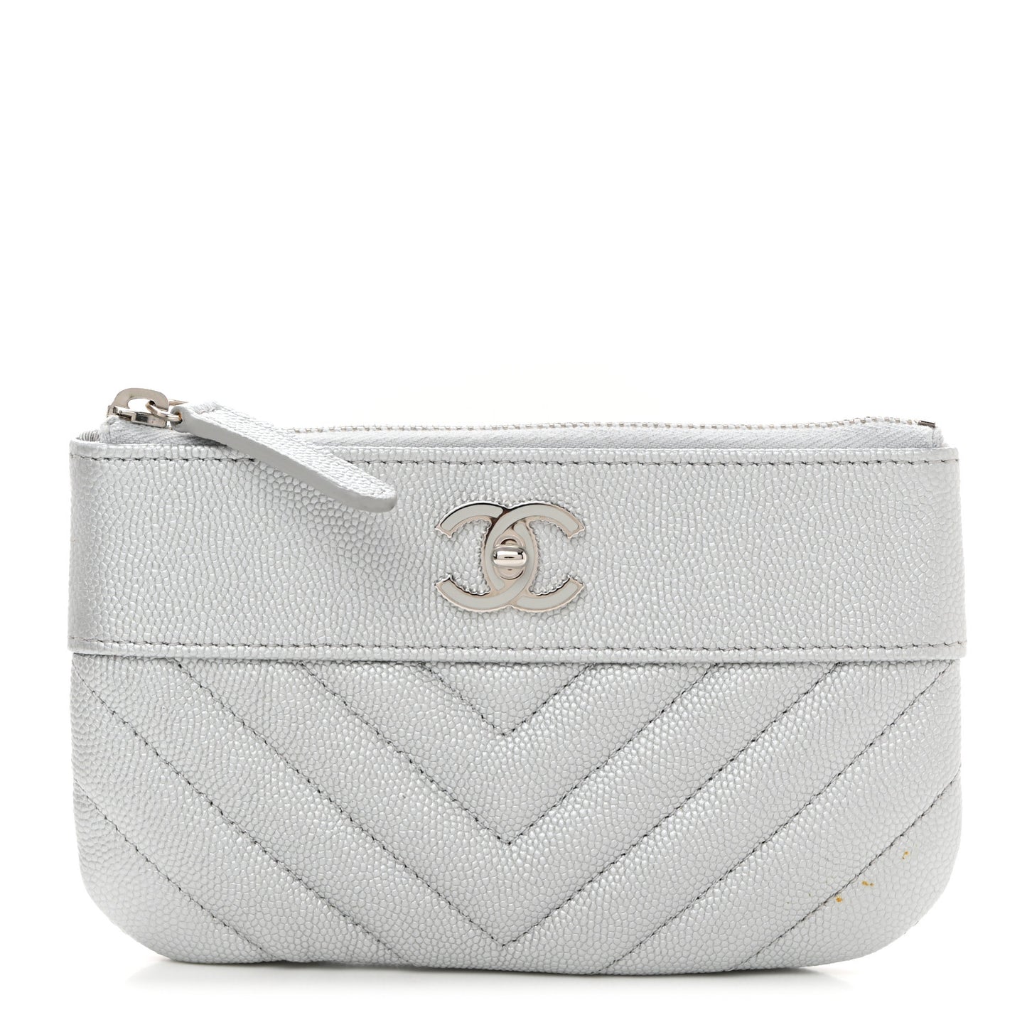 Metallic Caviar Chevron Quilted Small Vintage Mademoiselle Cosmetic Case Silver