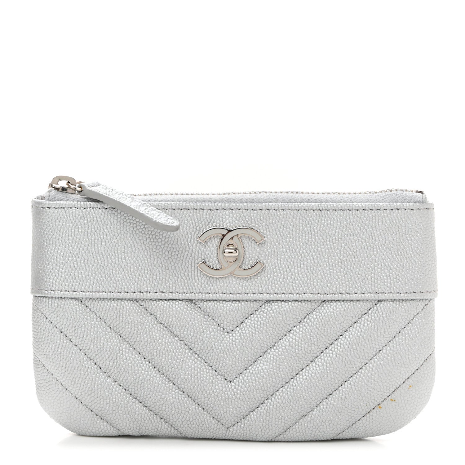 Chanel Metallic Caviar Chevron Quilted Small Vintage Mademoiselle Cosmetic Case Silver 1 of 9