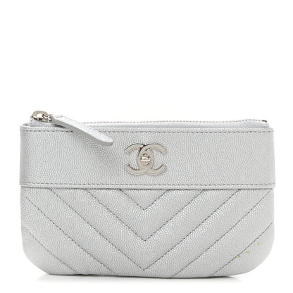 Chanel Metallic Caviar Chevron Quilted Small Vintage Mademoiselle Cosmetic Case Silver 1 of 9