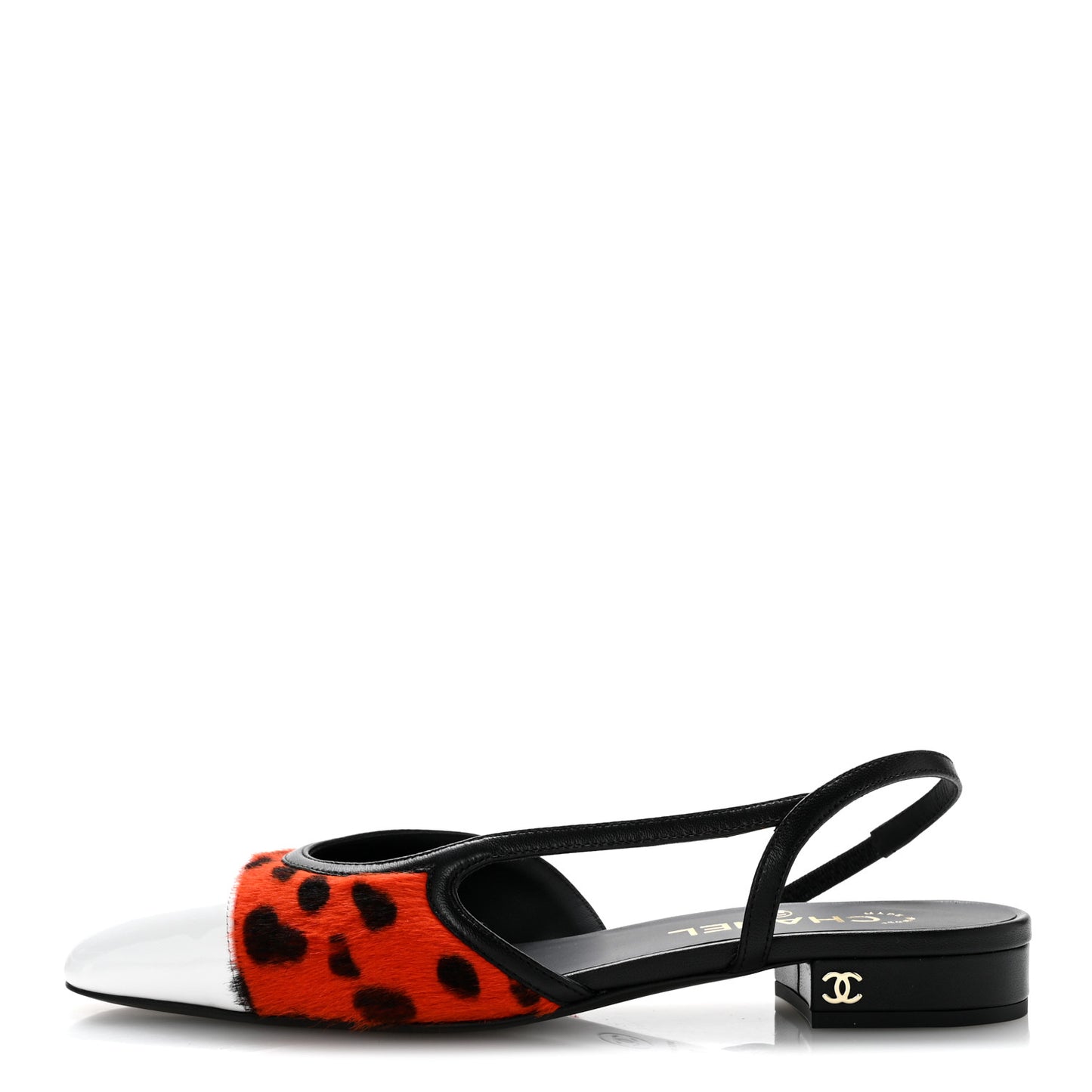 Lamb Hair Patent Calfskin Cap Toe CC Slingback Sandals 38 Orange Black White